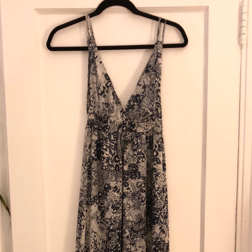 Silk maxi dress in blue and gray print